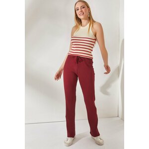 Olalook Women's Claret Red Ribbed Palazzo Pants with Elastic Waist