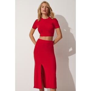 Happiness İstanbul Women's Red Crop Slit Pencil Skirt Set