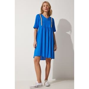 Happiness İstanbul Women's Blue V-neck Embroidered Flared Viscose Summer Dress