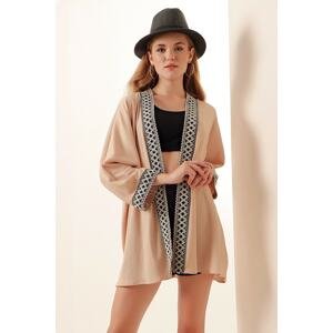 Bigdart 05866 Knitted Embroidered Kimono - Biscuit