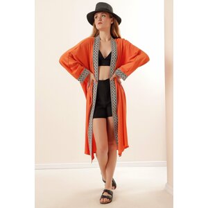 Bigdart 5865 Knitted Long Kimono with Embroidery - Orange