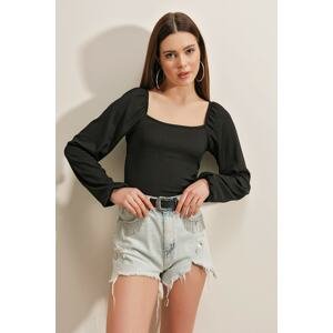 Bigdart 0465 Knitted Blouse with Balloon Sleeves - B.black