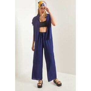 Bianco Lucci Women's Navy Blue Belted Waist Wide Leg Viscose Trousers