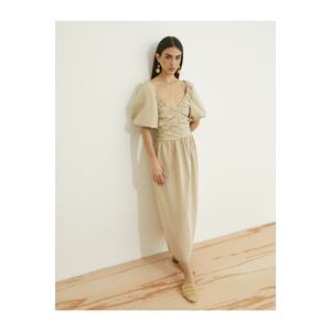 Koton Long Poplin Dress Balloon Sleeve Draped V-Neck Cotton