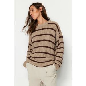 Trendyol Bézs széles mintás csíkos kötöttáru pulóver