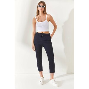 Olalook Women's Navy Blue Elastic Waist Pocket Carrot Trousers