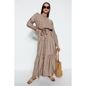 Trendyol Mink Belted Shoulder Detail Skirt With Flounces Woven Shirt Dress