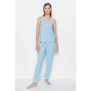 Trendyol Light Blue Printed Singlet-Pants and Knitted Pajamas Set.