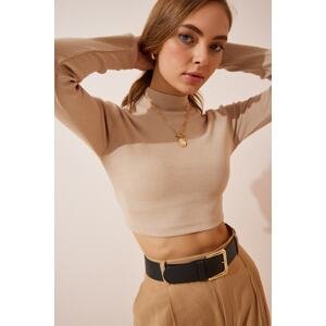 Happiness İstanbul Women's Cream Stand Collar Corduroy Knitted Crop Blouse