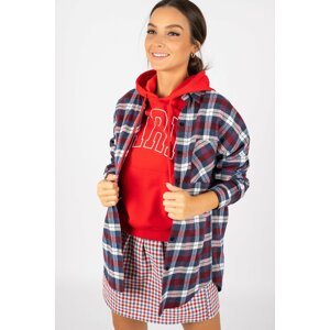 armonika Women's Dark Claret Red Checkered Pattern Oversized Shirt