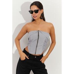 Cool & Sexy Women's White-Black Zipper Striped Strapless Blouse