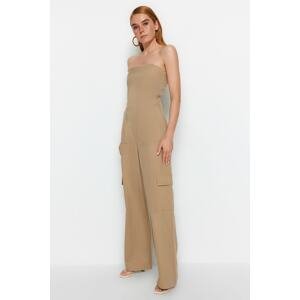 Trendyol Camel Cargo Pocket Strapless Collar Maxi Woven Jumpsuit