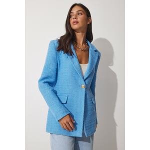 Happiness İstanbul Women's Blue Buttoned Blazer Tweed Jacket