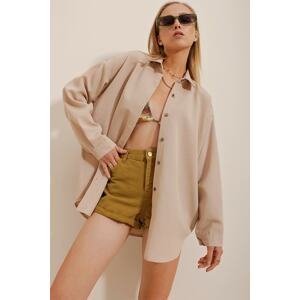 Trend Alaçatı Stili Women's Beige Oversize Linen Shirt