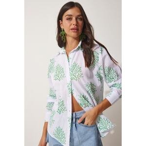 Happiness İstanbul Women's White Green Patterned Oversized Linen Blend Shirt