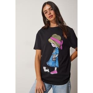 Happiness İstanbul Women's Black Printed Oversized T-Shirts