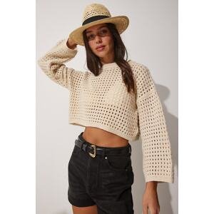 Happiness İstanbul Women's Cream Boat Neck Openwork Summer Knitwear Blouse