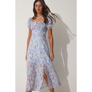 Happiness İstanbul Women's Sky Blue Pleated Collar Floral Satin Surface Summer Dress