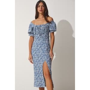 Happiness İstanbul Women's Blue Floral Pleated Summer Knitted Dress