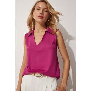 Happiness İstanbul Women's Plum Polo V-Neck Flowy Knitted Blouse