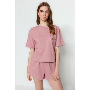 Trendyol Pink Cotton Slogan Printed T-shirt-Shorts Knitted Pajama Set