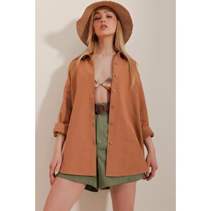 Trend Alaçatı Stili Women's Cinnamon Oversize Linen Shirt