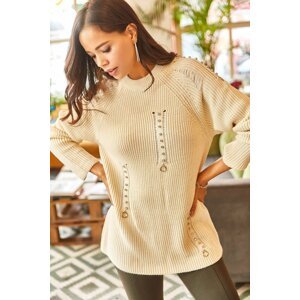 Olalook Women's Stones Oversized Knitwear Sweater with Torn Detailed Accessories