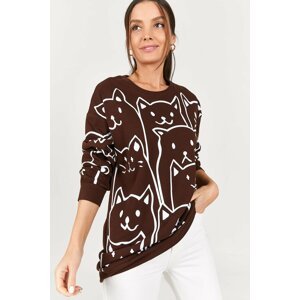 armonika Women's Coffee Cat Printed Long Sleeve Tunic T-shirt