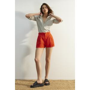 Trendyol Red 100% Linen Pleated High Waist Shorts