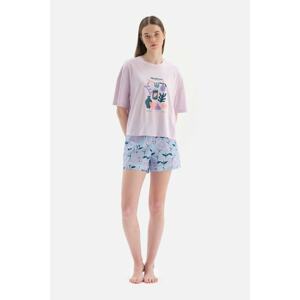 Dagi Light Lilac Crew Neck Printed Top, Patterned Bottom Shorts, Pajamas Set.