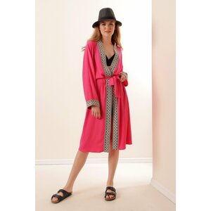 Bigdart 5865 Knitted Long Kimono with Embroidery - Fuchsia