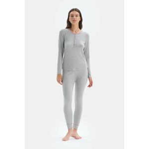 Dagi Light Gray Bis. Collar Long Sleeve Top Neon Waist Elastic Detailed Jogger Bottom Pajama Set