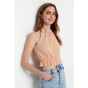 Trendyol Salmon Pleated Crop Knitted Blouse with Frill Collar and Hem