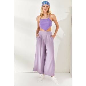 Olalook Women's Lilac Zippered Side Pockets, Pleat Detailed Flowy Trousers