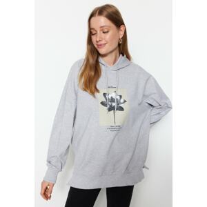 Trendyol Gray Melange Wide Fit Oversized Knitted Printed Hoodie with Sweatshirt