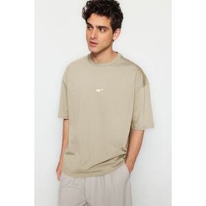 Trendyol Stone Men's Oversize/Wide Cut Shark-Animal Embroidered Short Sleeve 100% Cotton T-Shirt