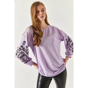 armonika Women's Lilac Round Neck Tunic with Embossed Sleeves