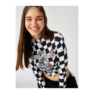 Koton Long-Sleeved T-Shirt Crop Stand-Up Collar Checkered Print
