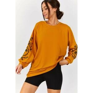 armonika Women's Mustard Round Neck Tunic With Embossed Sleeves