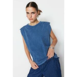 Trendyol Indigo 100% Cotton Faded Effect Pleated Basic Crew Neck Knitted T-Shirt