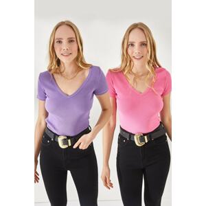 Olalook Women's Pink-Lilac V-Neck Short Sleeved 2-pack Blouse