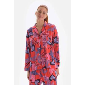 Dagi Pomegranate Flower Patterned Shirt Collar Satin Pajama Top