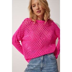 Happiness İstanbul Women's Neon Pink Seasonal Knitwear Blouse with Openwork