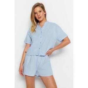 Trendyol Light Blue Muslin 100% Cotton Shirt-Shorts Woven Pajama Set