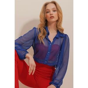 Trend Alaçatı Stili Women's Sax Princess Sleeve Tiny Floral Patterned Lace Woven Shirt