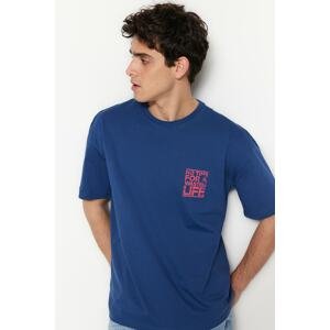 Trendyol Indigo Men's Relaxed/Casual Cut Crew Neck Text Printed T-Shirt