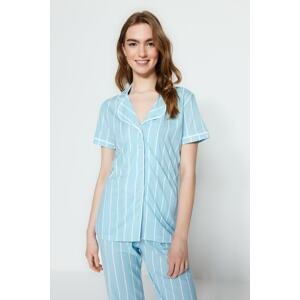 Trendyol Light Blue Cotton Striped Piping Detailed Sleep Band Knitted Pajamas Set