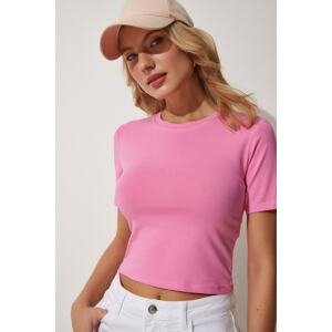 Happiness İstanbul Women's Light Pink Crew Neck Crop T-Shirt