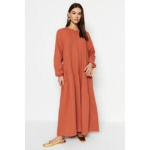 Trendyol Cinnamon Shirred Detail 100% Cotton Muslin Wide Pattern Lined Woven Dress