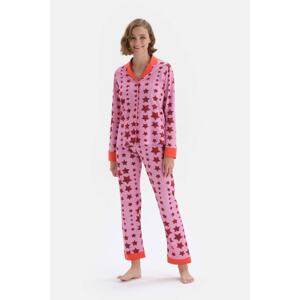 Dagi Pomegranate Flower Shirt Collar Patterned Long Sleeve Knitted Pajama Set